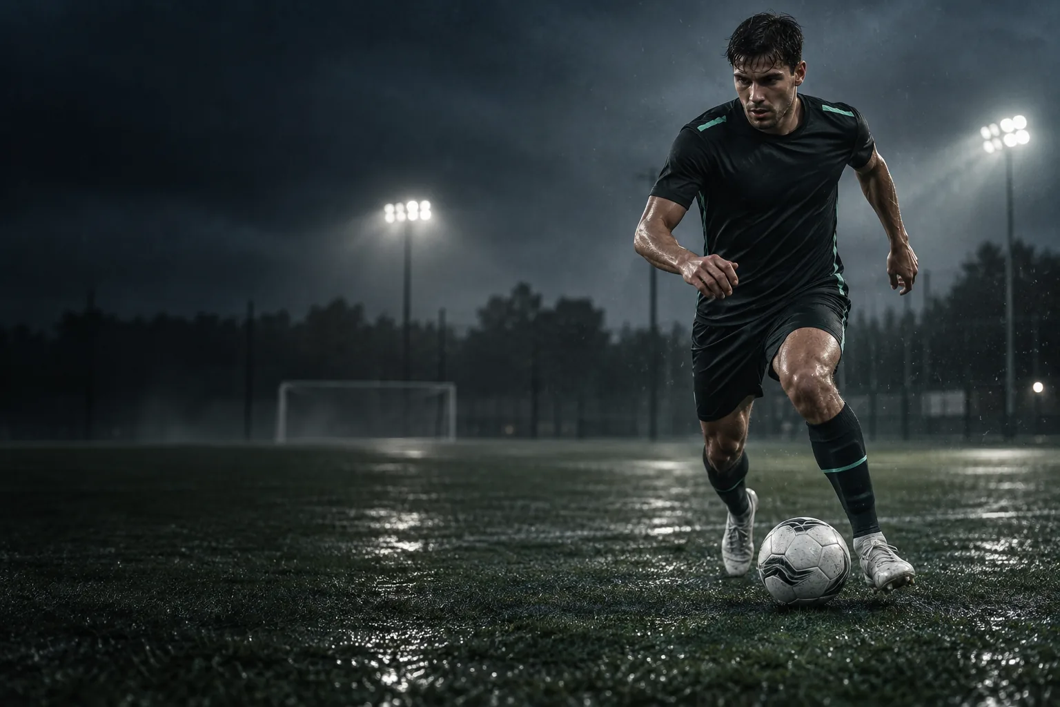 Illustrative adult footballer controlling a ball on a floodlit pitch